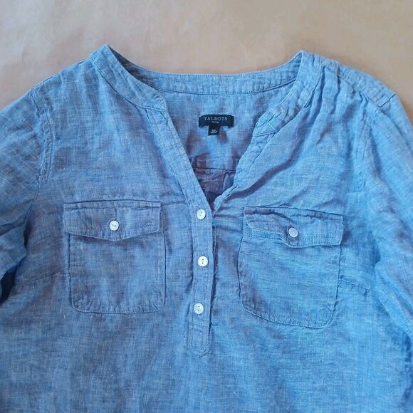 Talbots 100% Linen Roll Tab Long Sleeve Button Shirt Blouse Top Blue Size MP - Picture 4 of 10